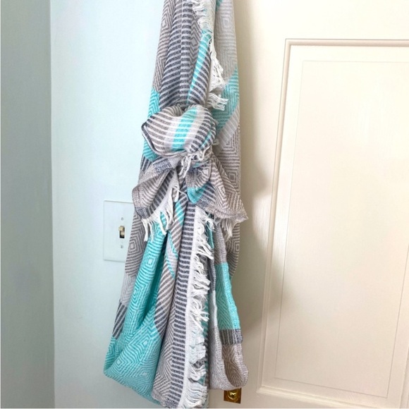 Loom Weave Hand Crafted 2 Side Organic Cotton Travel Blanket Wrap Gray Aqua Tan - Picture 11 of 14